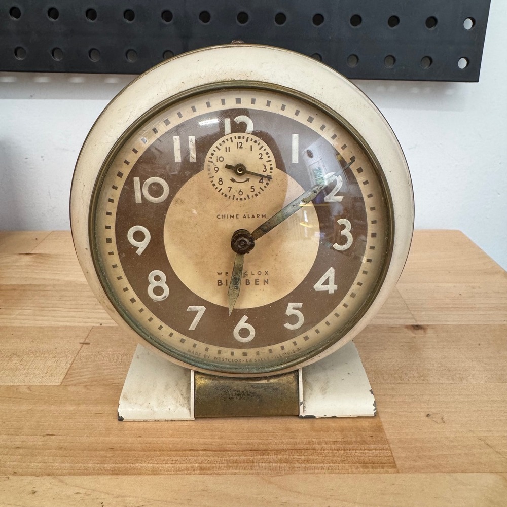 Vintage Westclox Big Ben Style 7 Chime Alarm Clock Off White Cream MCM USA Made